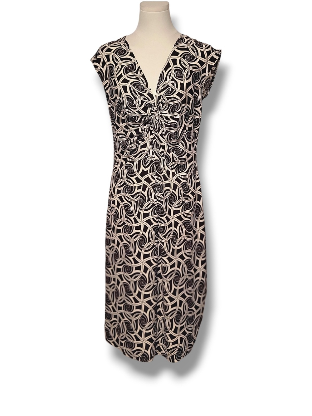 LADY HATHAWAY - Size 14 Patterned Brown and Cream Twist-Front Midi Dress